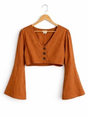 EARTHBOUND Cropped V-Neck Button Bell-Sleeve Top Rust Orange Embroidery size XL